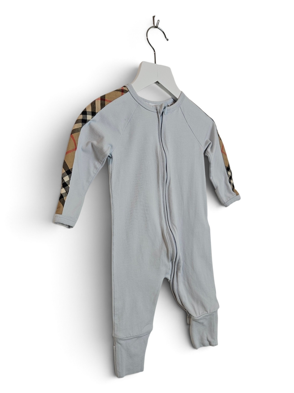 Burberry Baby Romper 3M Claude Vintage Check Zip Onesie Stretch Cotton Ice Blue